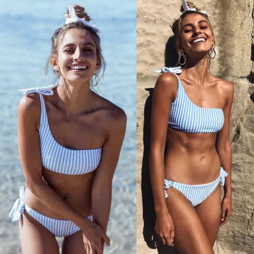 Hirigin Women Swimwear Striped Women Bikinis Set One Shoulder Bandage Pushed Up Paded Bikinis Swimsuits Real Photo