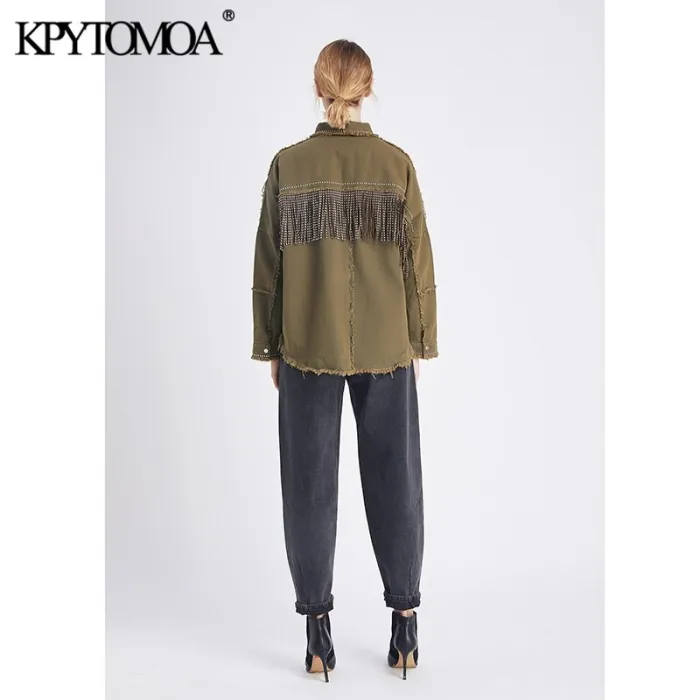 Vintage Stylish Fringe Beaded Loose Denim Jacket Coat Women 2020 Fashion Long Sleeve Frayed Trim Ladies Outerwear