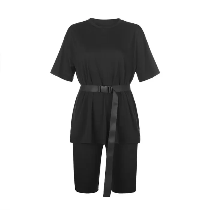Rapwriter Solid Summer Oversized Tshirt And Shorts Two Piece Set Women Slim Shorts Long Tee Shirt Outfits Femme Biker Track Suit