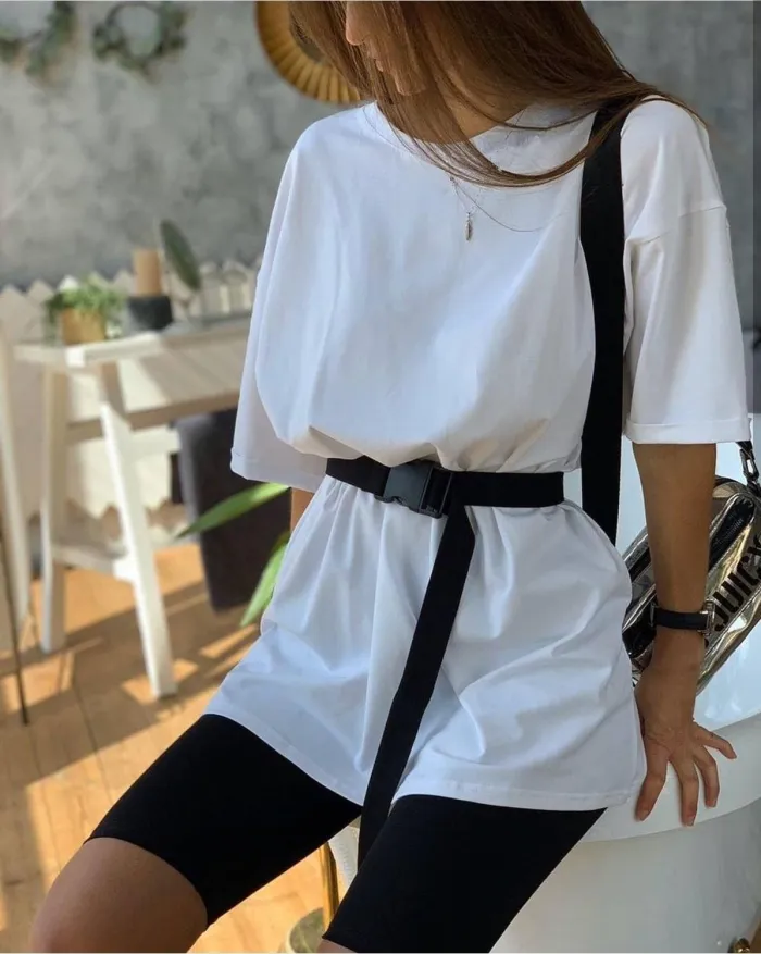 Women fashion casual solid two piece suit including belt New home loose Tops and Shorts suit 2020 Summer Tracksuit Lounge Wear