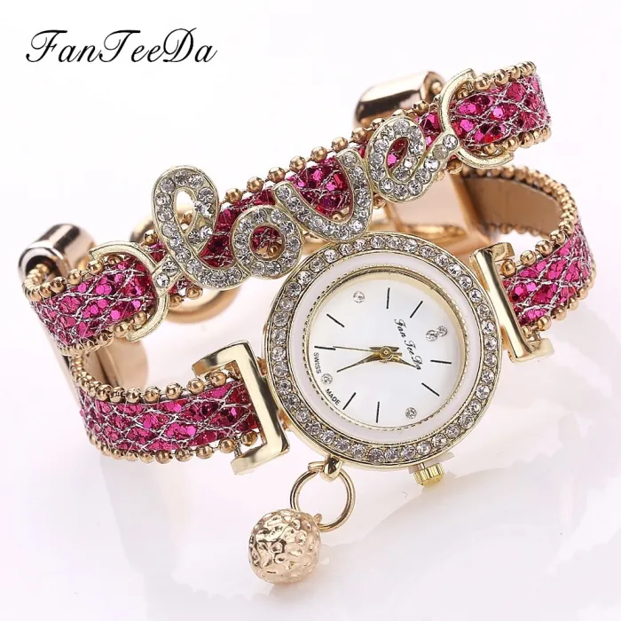 Brand Women Bracelet Watches Ladies Love Leather Strap Rhinestone Quartz Wrist Watch Luxury Fashion Quartz Watch