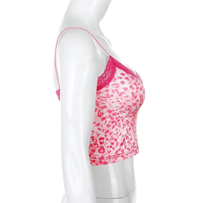 Sweetown Pink Patchwork Lace Edge Leopard Tank Top Women Sleeveless Sexy Party Clubwear V Neck Rave Streetwear Crop Top Harajuku