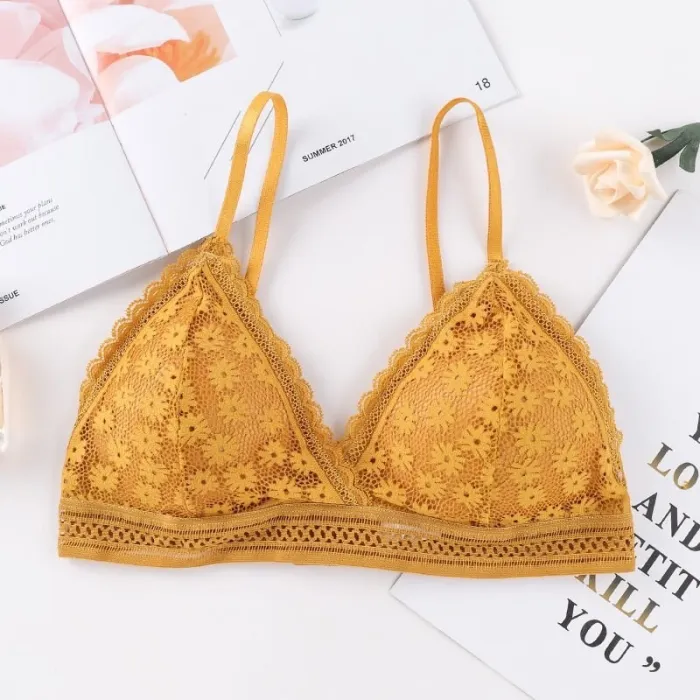 French women's lace sexy lace bra seamless deep V lace thin wireless bra triangle cup underwear sexy female underwear soft bra