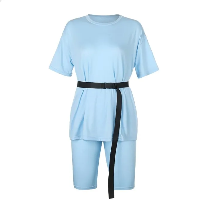 Rapwriter Solid Summer Oversized Tshirt And Shorts Two Piece Set Women Slim Shorts Long Tee Shirt Outfits Femme Biker Track Suit