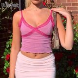 Waatfaak Patchwork Lace Y2K Summer Crop Top Women Pink Casual Cropped Tops Purple Tank Top Spaghetti Straps Camis Top E-girl