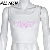 ALLNeon Punk Style Butterfly Embroidery Front White Tanks Tops Y2K Fashion Ribbed Backless Straped Cropped Tops E-girl Summer