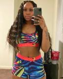 VAZN Camouflage Colorful Printed Sexy Two Piece Set Spaghetti Strap Sleeveless Crop Top And Sheath Short Pants Tracksuit LS6222
