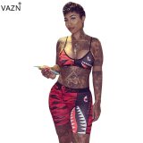 VAZN Camouflage Colorful Printed Sexy Two Piece Set Spaghetti Strap Sleeveless Crop Top And Sheath Short Pants Tracksuit LS6222