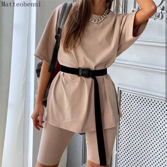 Women fashion casual solid two piece suit including belt New home loose Tops and Shorts suit 2020 Summer Tracksuit Lounge Wear