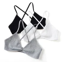 Sexy Cotton Women Bra Ribbed Femme Underwear Wireless Crisscross Back V Neck Bras Comfort Lady's Cotton Bralette