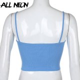 ALLNeon E-Girl Style Spaghetti Strap V-neck with Lace Cropped Tops Y2K Summer Fashion Ribbed Solid Backless Blue Cami Streetwear