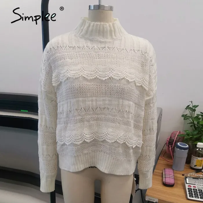 Simplee knitted hollow out sweater women Drop-shoulder  sleeve pullover Loose high-necked  white sweater autumn winter 2020