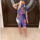 JRRY Women Tracksuit Two Pieces Set Mask Short Sleeve V Neck Top Short Pants 2 Pieces Set Outfits Skinny Elastic Outdoor Wear