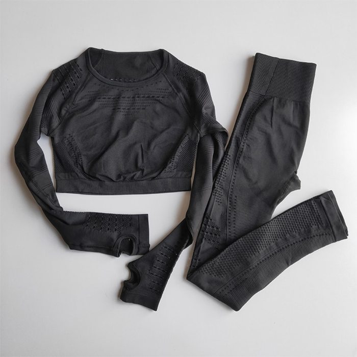 Women Seamless Gym Sets High Waist Gym Mesh Leggings Shirts Suit Long Sleeve Fitness Workout Sports Running Thin Sport Sets