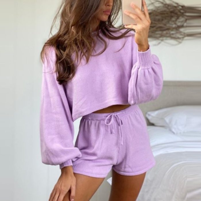 Two Piece Set Women Solid Bubble Sleeve Sweater + Shorts 2 Piece Set Women Autumn New Loose Casual Tracksuit