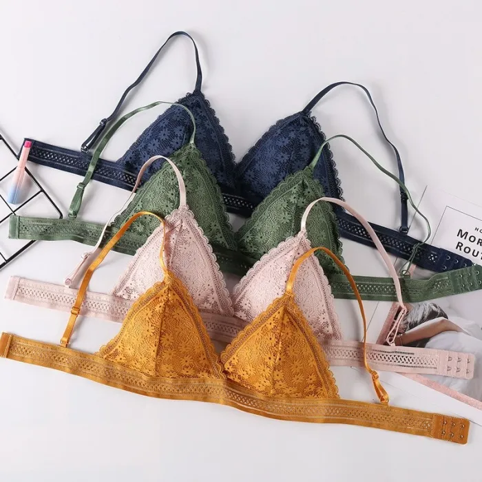 French women's lace sexy lace bra seamless deep V lace thin wireless bra triangle cup underwear sexy female underwear soft bra