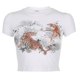 ALLNeon Harajuku Ribbed Tight Printing Crop Tops O-neck Short Sleeve Skinny White T-shirts Vintage Y2K Summer Tops Streetwear