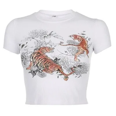 ALLNeon Harajuku Ribbed Tight Printing Crop Tops O-neck Short Sleeve Skinny White T-shirts Vintage Y2K Summer Tops Streetwear