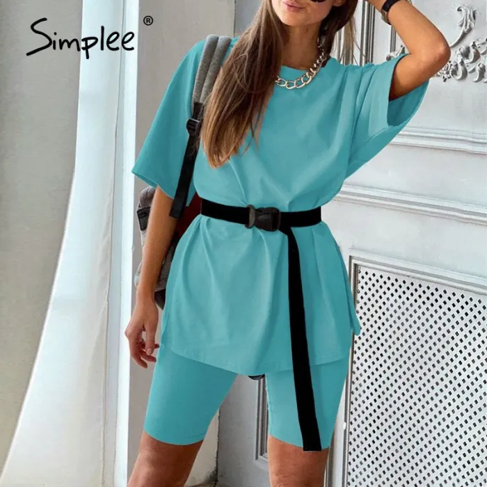 Casual solid outfits women's two piece suit with belt Home loose sports tracksuits fashion bicycle suit summer hot 2020