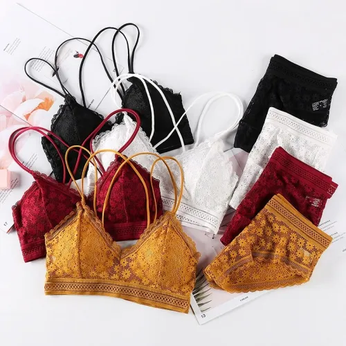 Women Lace Sets Sports Bra Ultrathin Panties Beauty Back Wrapped Chest Brassiere Lingerie Stretch Triangle Cup Padded Underwear