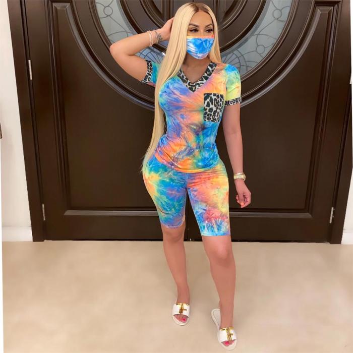 JRRY Women Tracksuit Two Pieces Set Mask Short Sleeve V Neck Top Short Pants 2 Pieces Set Outfits Skinny Elastic Outdoor Wear
