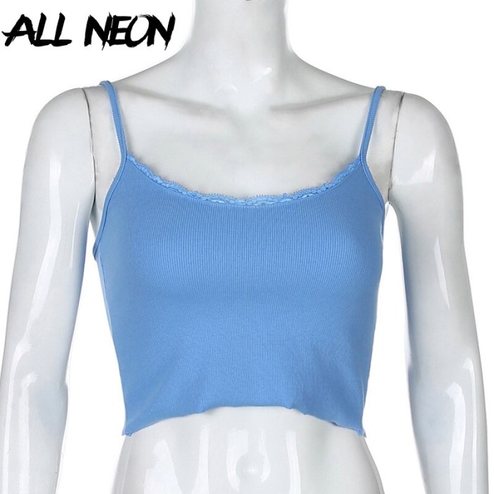 ALLNeon E-Girl Style Spaghetti Strap V-neck with Lace Cropped Tops Y2K Summer Fashion Ribbed Solid Backless Blue Cami Streetwear
