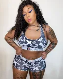 VAZN Camouflage Colorful Printed Sexy Two Piece Set Spaghetti Strap Sleeveless Crop Top And Sheath Short Pants Tracksuit LS6222