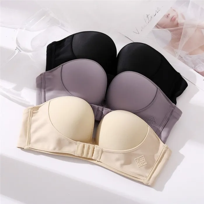 FINETOO Strapless Bra Women Super Push Up Bra Sexy Lingerie Invisible Brassiere Front Closure Bras Underwear for Dress A B C Cup