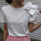Minimalism Black White Ruffles Summer T Shirt Korean Japan Style Women Streetwear Casual Short Sleeve Top Tee Ladies Tshirt