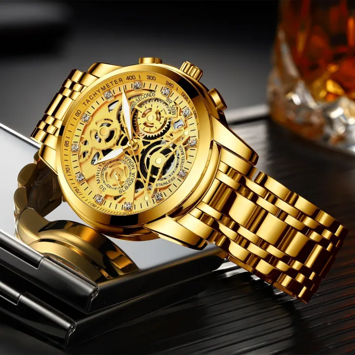 Masculino Sports Fashion Wristwatches Men's Gold Chronograph Luxury Quartz Watches Gold Men Wristwatch For Bussiness Man