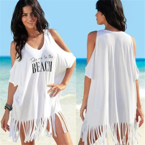 Summer Beach Bikini Cover Up Women White Off Shoulder Kafan Sarong Loose Tops Casual Fringed Shirt Swimwear Beachwear