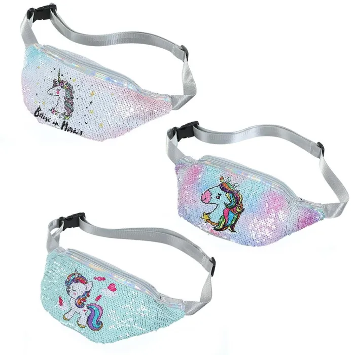 Sequins Printing  Unicorn Sequin Fashion Waist Bag Fanny Pack Children Cartoon Chest Bag Outdoor Travel Pocket Phone Pouch