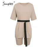 Casual solid outfits women's two piece suit with belt Home loose sports tracksuits fashion bicycle suit summer hot 2020