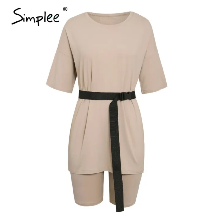Casual solid outfits women's two piece suit with belt Home loose sports tracksuits fashion bicycle suit summer hot 2020