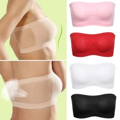 Women Seamless Tube Top Breathable Strapless Bandeau Bra Underwear without Pad ropped Hollow Stretch Layer Solid Strapless Bra