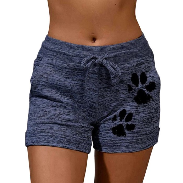 New Summer Fast Drying Drawstring cat paw print shorts Lace Up High Waist Elastic Cotton Short Women Beach Casual Sport Shorts