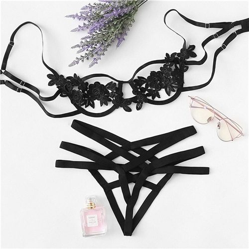 COLROVIE Blue Harness Appliques Underwire Sexy Women Intimates 2019 Black Thongs V-String Transparent Female Underwear Bra Set