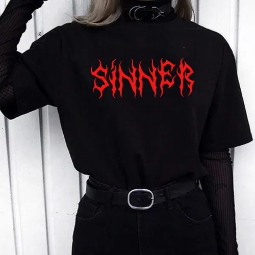 Gothic top Sinner Letter Printed Harajuku Hipster Punk Style Unisex T-Shirt Street Style Loose Casual Cool Grunge Women Tee
