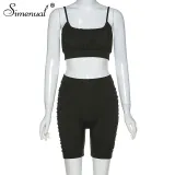Simenual Ruched Workout Active Wear Matching Set Women Strap Casual Sporty 2 Piece Outfits Summer Camis And Biker Shorts Sets