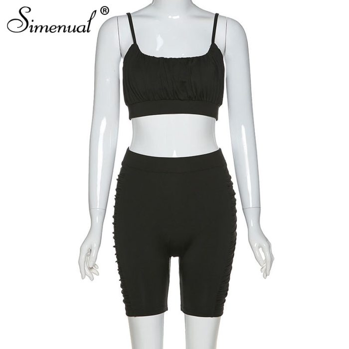 Simenual Ruched Workout Active Wear Matching Set Women Strap Casual Sporty 2 Piece Outfits Summer Camis And Biker Shorts Sets