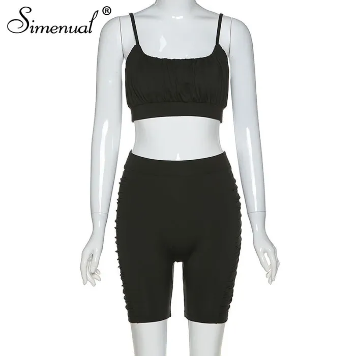 Simenual Ruched Workout Active Wear Matching Set Women Strap Casual Sporty 2 Piece Outfits Summer Camis And Biker Shorts Sets