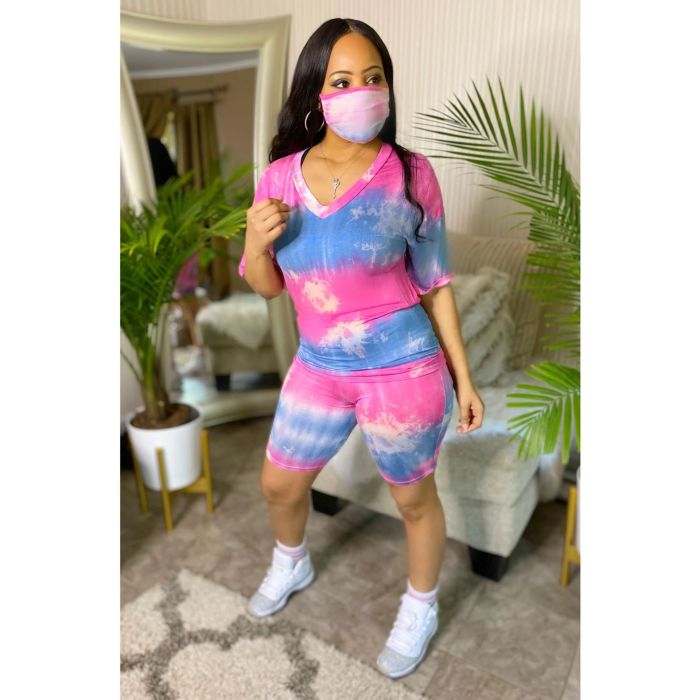 JRRY Women Tracksuit Two Pieces Set Mask Short Sleeve V Neck Top Short Pants 2 Pieces Set Outfits Skinny Elastic Outdoor Wear