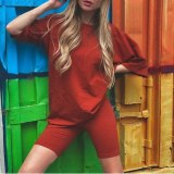 Sweetown Casual Workout Women Two Pieces Sets Short Sleeve Sporty Active Wear Fashion Outfit Summer Top And Biker Shorts Set
