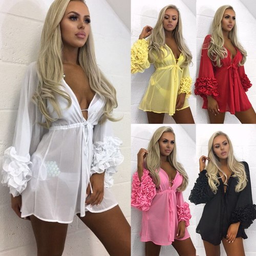 Summer Sexy Beach Mini Dress Women Long Puff Sleeve Bikini Cover Up Tunic Pareo Sarong Swimwear Mesh Sundress Robe