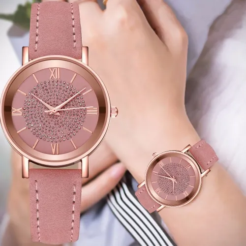 Dial Watches for Women Fashion Roman Scale Rhinestone Leather Ladies Quartz Watch Female Wrist Watch