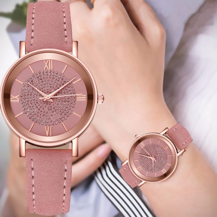 Dial Watches for Women Fashion Roman Scale Rhinestone Leather Ladies Quartz Watch Female Wrist Watch
