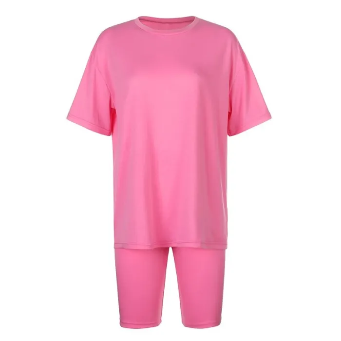 Rapwriter Solid Summer Oversized Tshirt And Shorts Two Piece Set Women Slim Shorts Long Tee Shirt Outfits Femme Biker Track Suit
