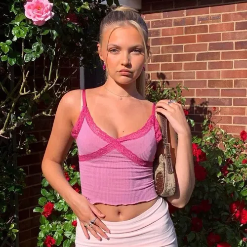 Waatfaak Patchwork Lace Y2K Summer Crop Top Women Pink Casual Cropped Tops Purple Tank Top Spaghetti Straps Camis Top E-girl