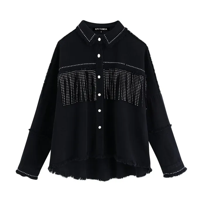 Vintage Stylish Fringe Beaded Loose Denim Jacket Coat Women 2020 Fashion Long Sleeve Frayed Trim Ladies Outerwear