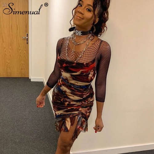Simenual Aesthetic Print Sexy Women Party Dresses Fashion Sleeveless Strap Drawstring Ruched Clubwear Mini Dress Bodycon Summer